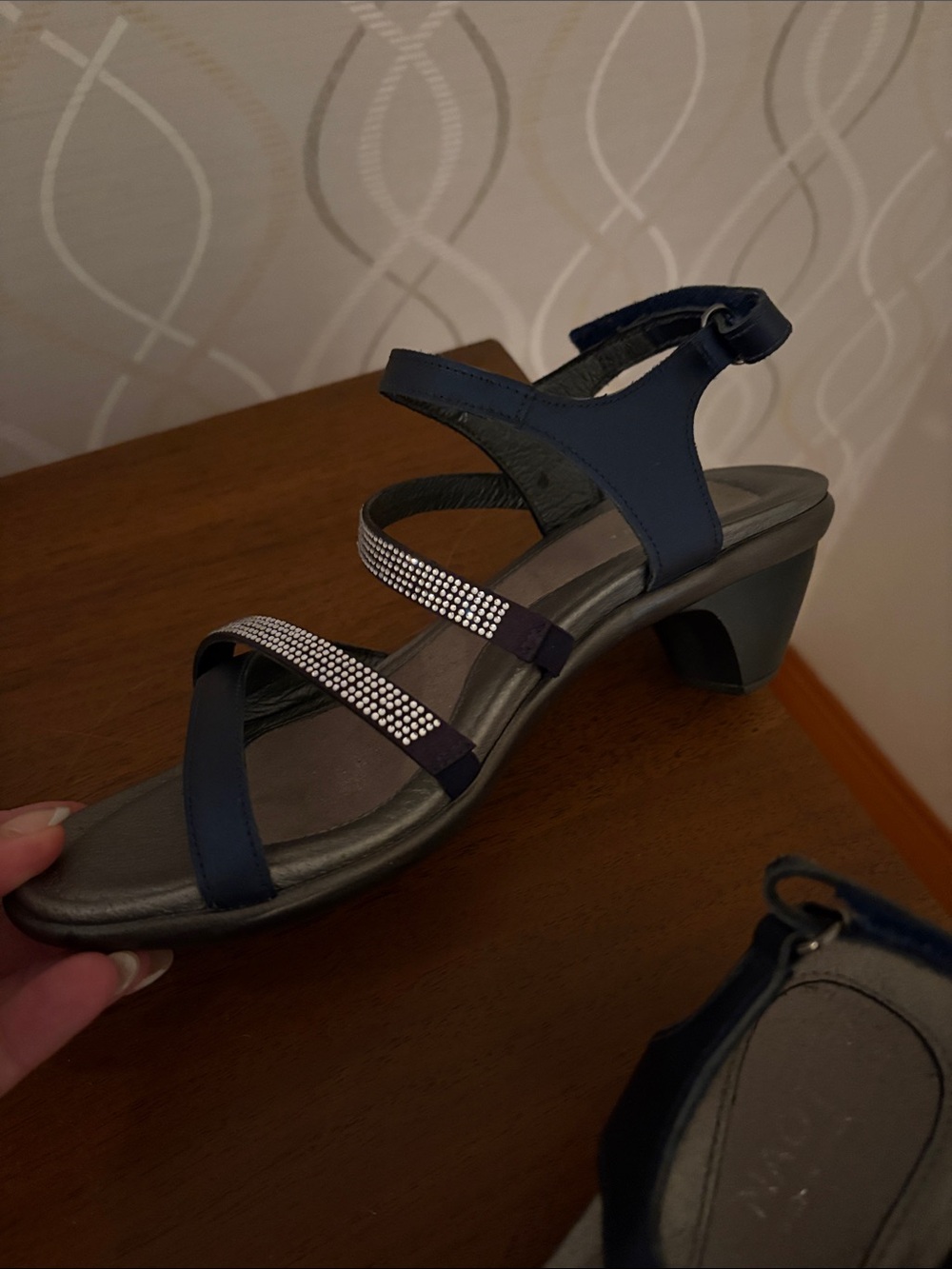 Naot Navy Strappy Mid Heel Sandals with Rhinestone Straps